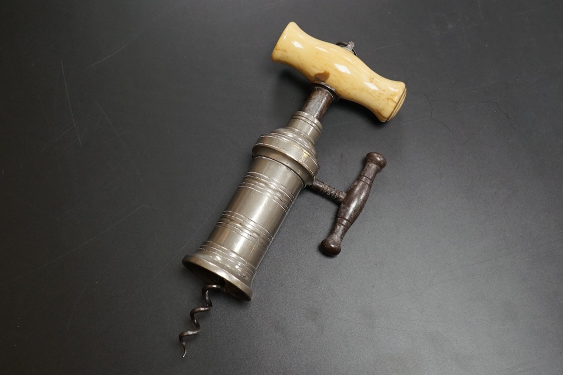 A Thomason type double helix corkscrew with bone handle, 20cm in length